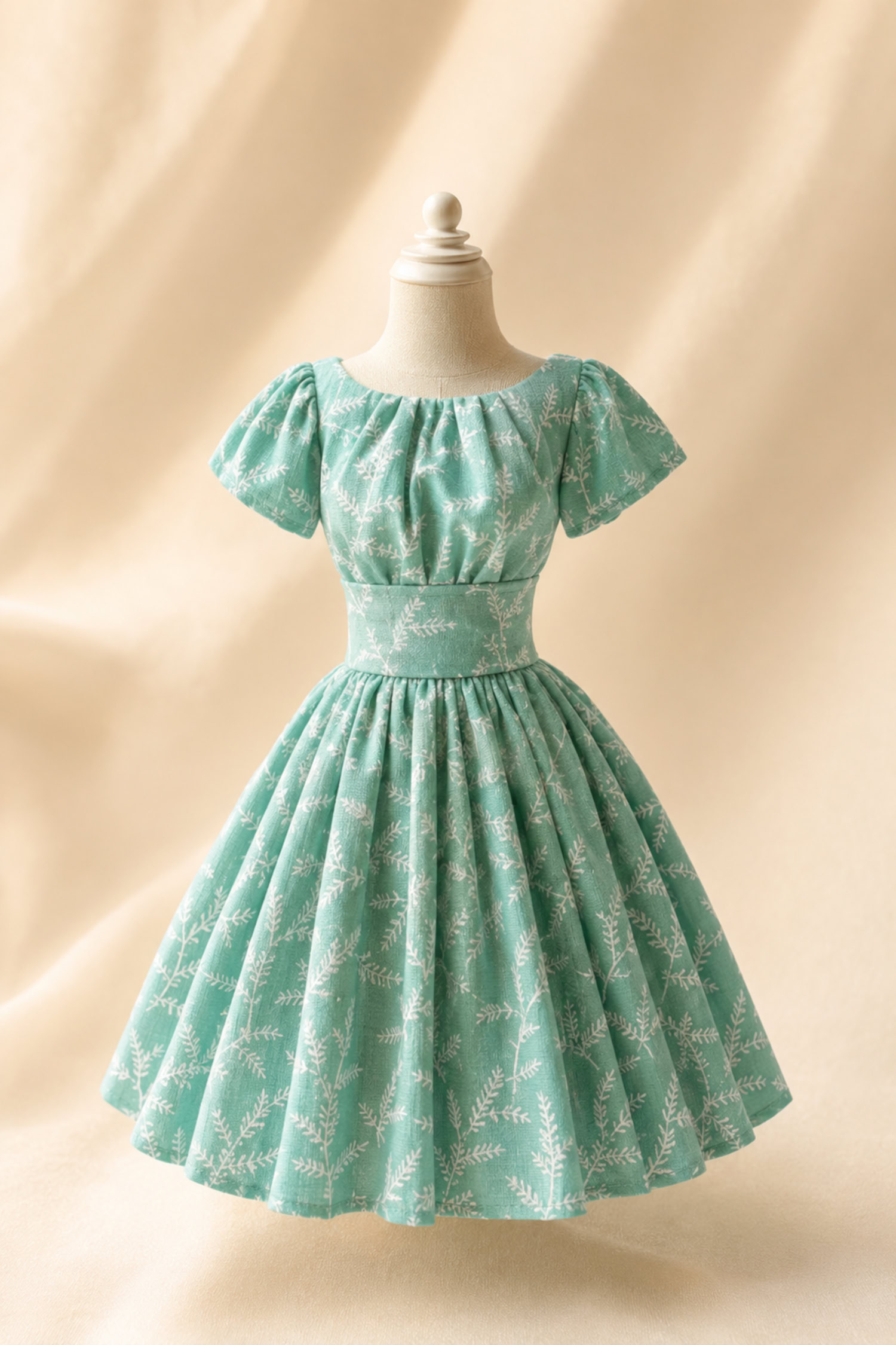 FR01 mint green botanical print lined doll dress with petticoat