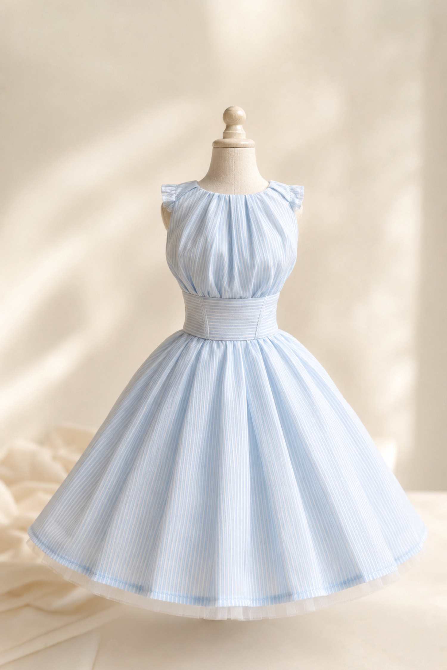 FR15 light blue pinstripe lined doll dress with petticoat